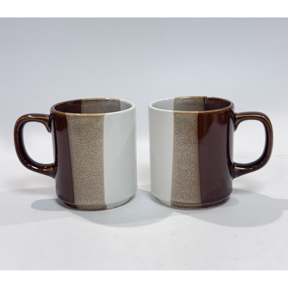 Vintage MCM Vertical Stripe Stoneware Coffee Mugs Brown Tan White D Handle